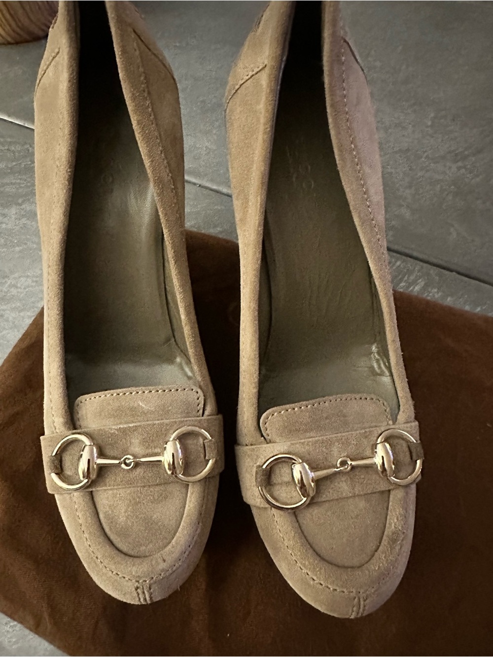 Gucci Taupe Suede Loafers with Gold Horsebit